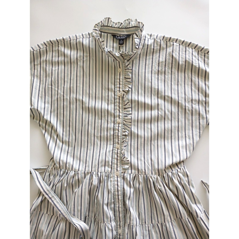 Lauren Ralph Lauren Tiered Blue & Cream Striped Cotton Dress Size 14